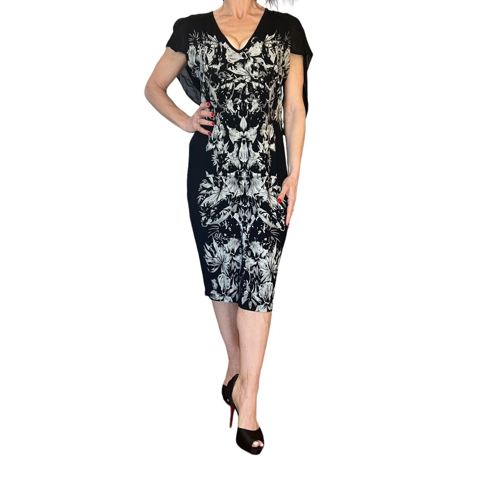 y2k Isabel de Pedro Cap sleeve V Neck Printed Column Black Dress 12 Avant Garde